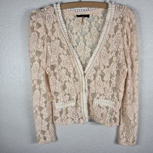 VTG 90s Y2K Xtaren Floral Lace Top Sz S Blouse Long Sleeves Ruffle Details Peach